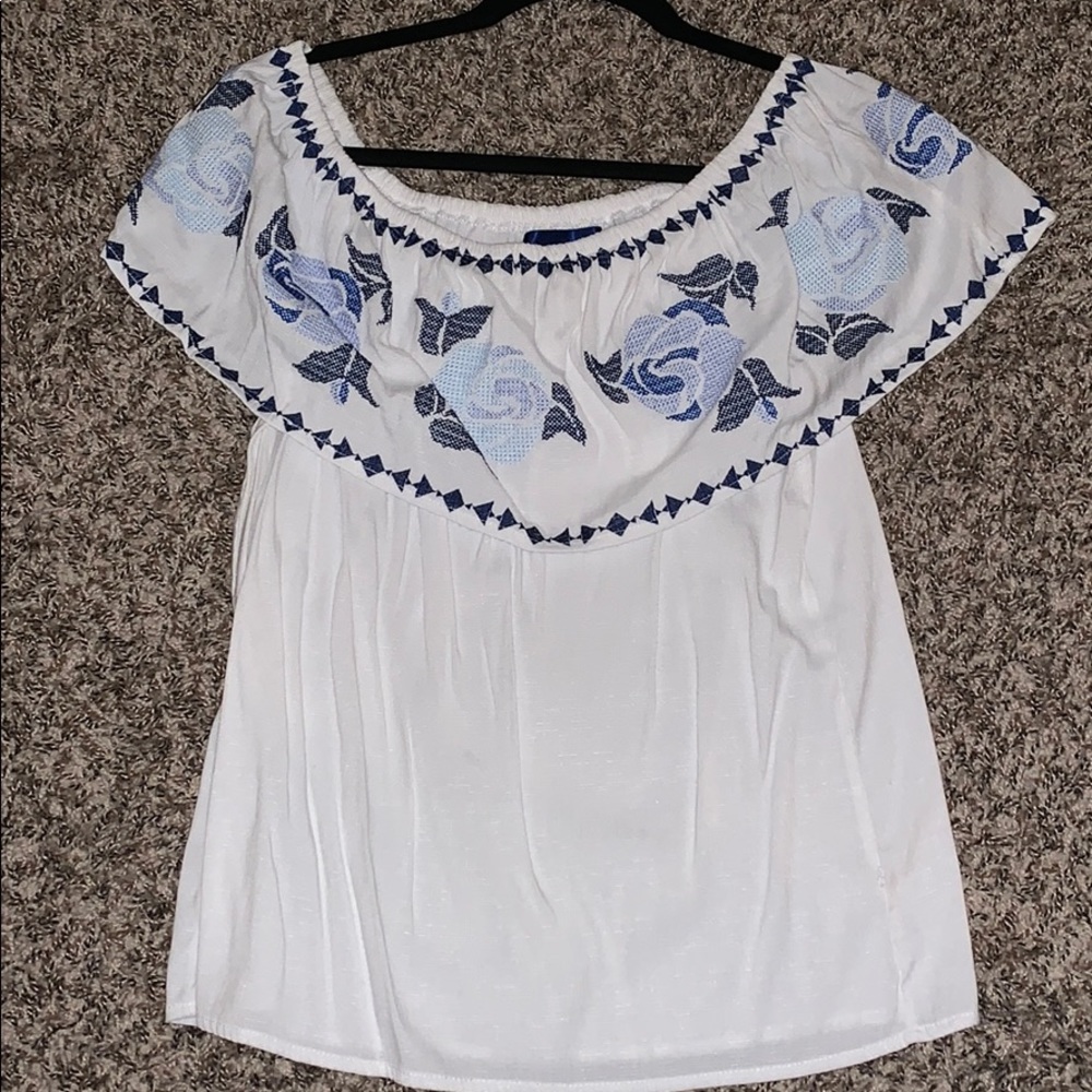 White/Blue Off the Shoulder Top